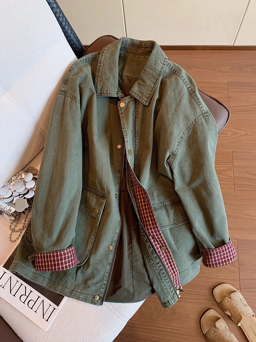 Down Jacket Packable - Jaket Denim Hijau Tentara Vintage Wanita